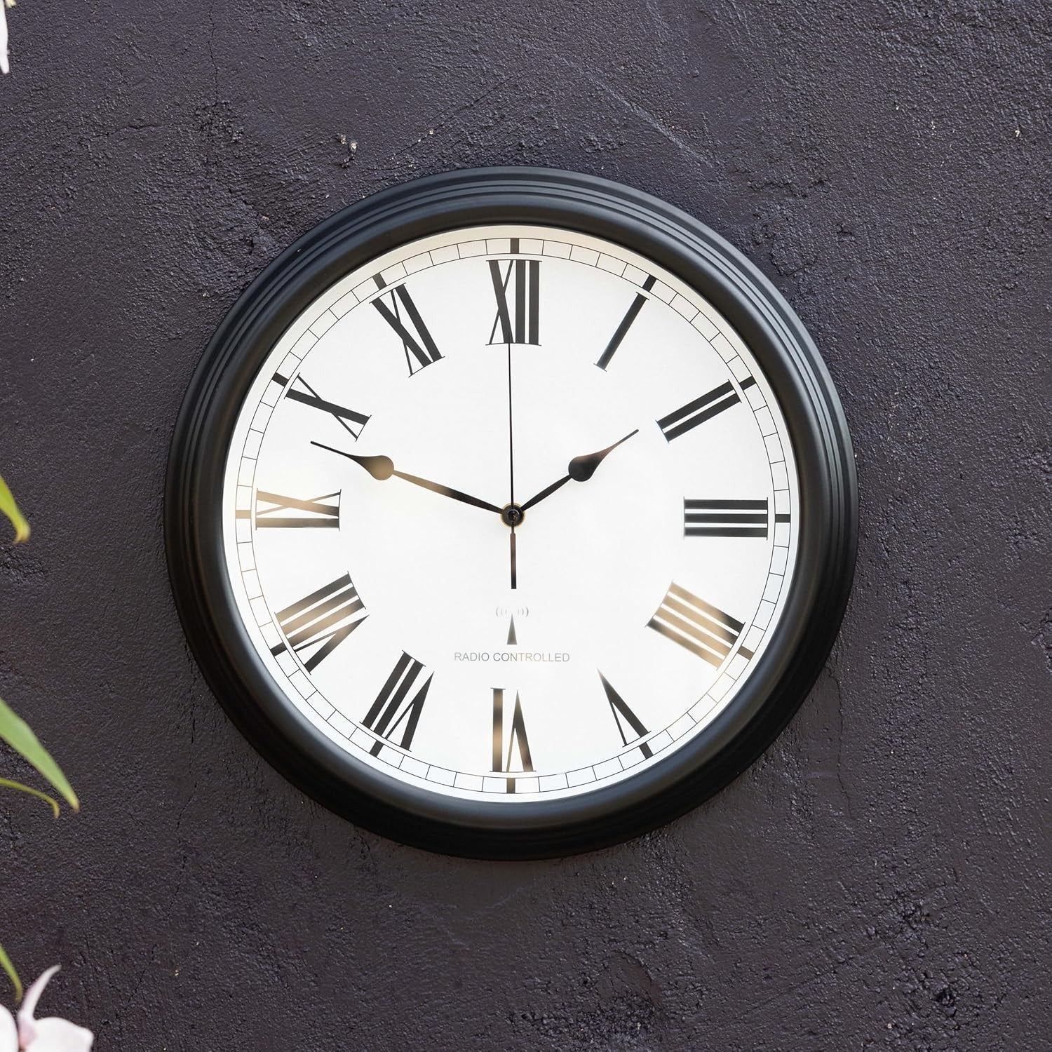 Outdoor Radio Controlled Wall Clock 38cm Black Roman Numerals Garden Patio
