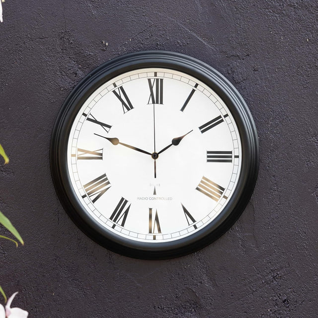 Outdoor Radio Controlled Wall Clock 38cm Black Roman Numerals Garden Patio