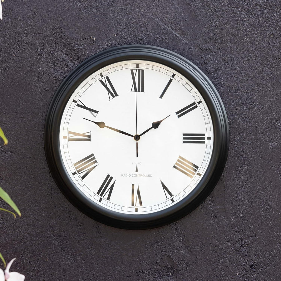 Outdoor Radio Controlled Wall Clock 38cm Black Roman Numerals Garden Patio