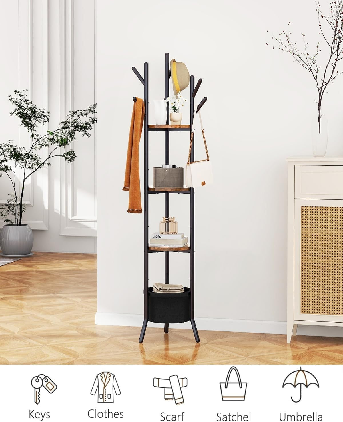 Rustic Brown Freestanding Coat Rack with Shelves | 169cm Hall Tree Stand