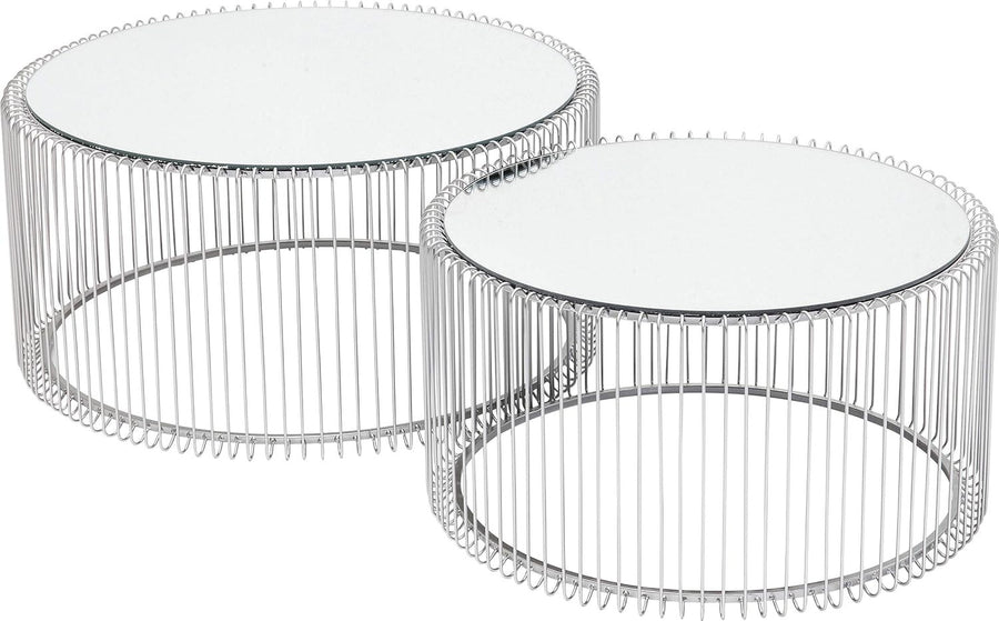 Luxury Silver Round Glass Coffee Table Set of 2 – Modern Wire Design