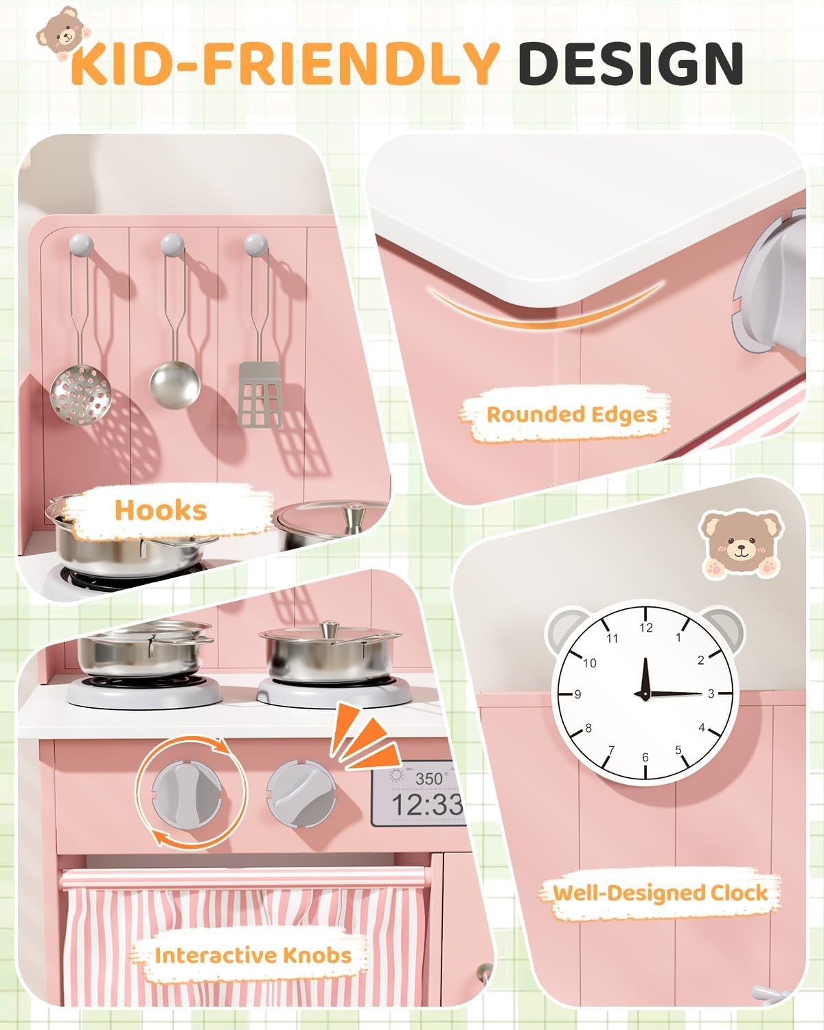 Wooden Kids Play Kitchen Pink Toy Cooker Sink Cookware Storage Set