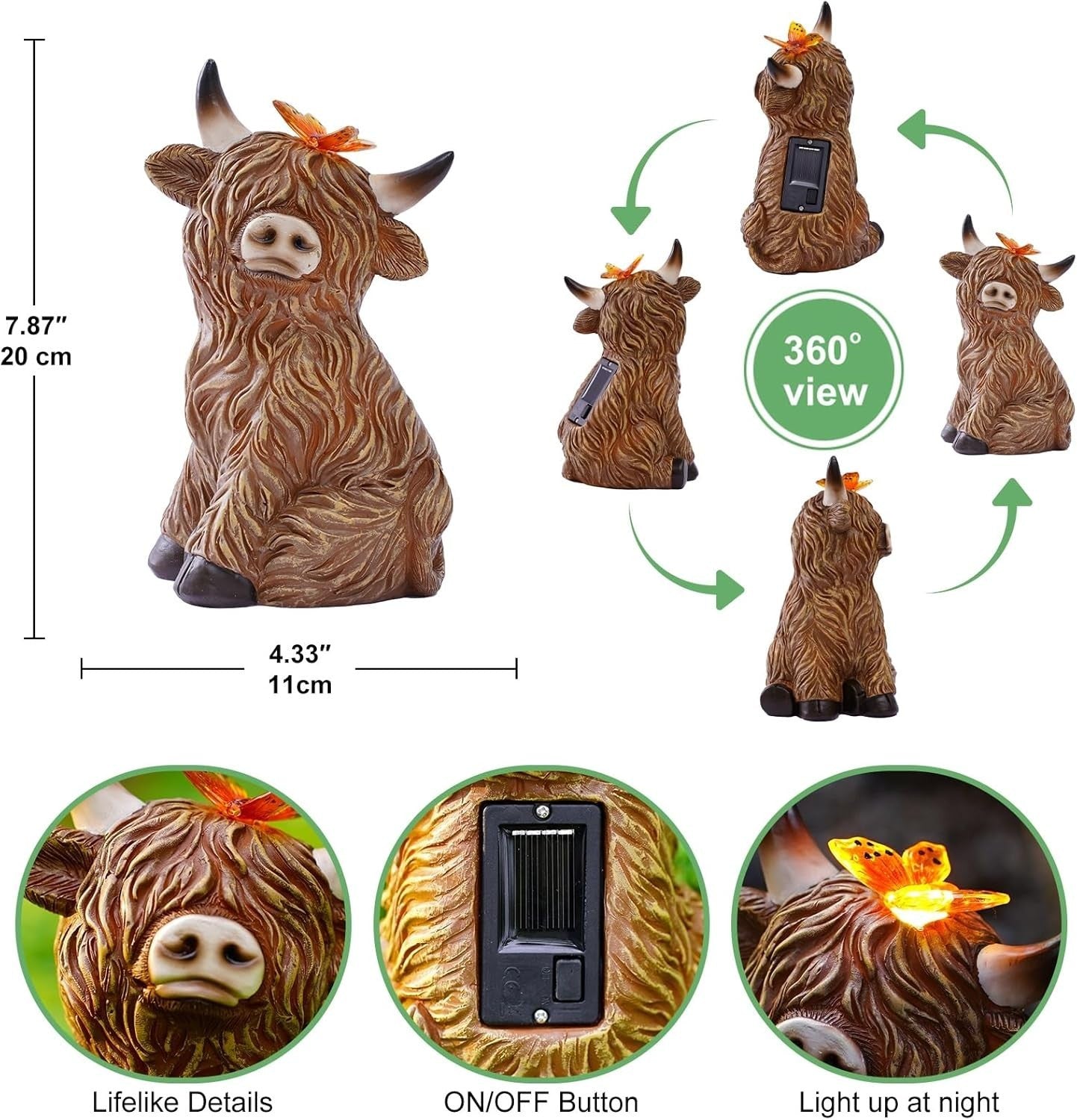 Solar Highland Cow Garden Ornament with Butterfly Light Resin Outdoor Decor