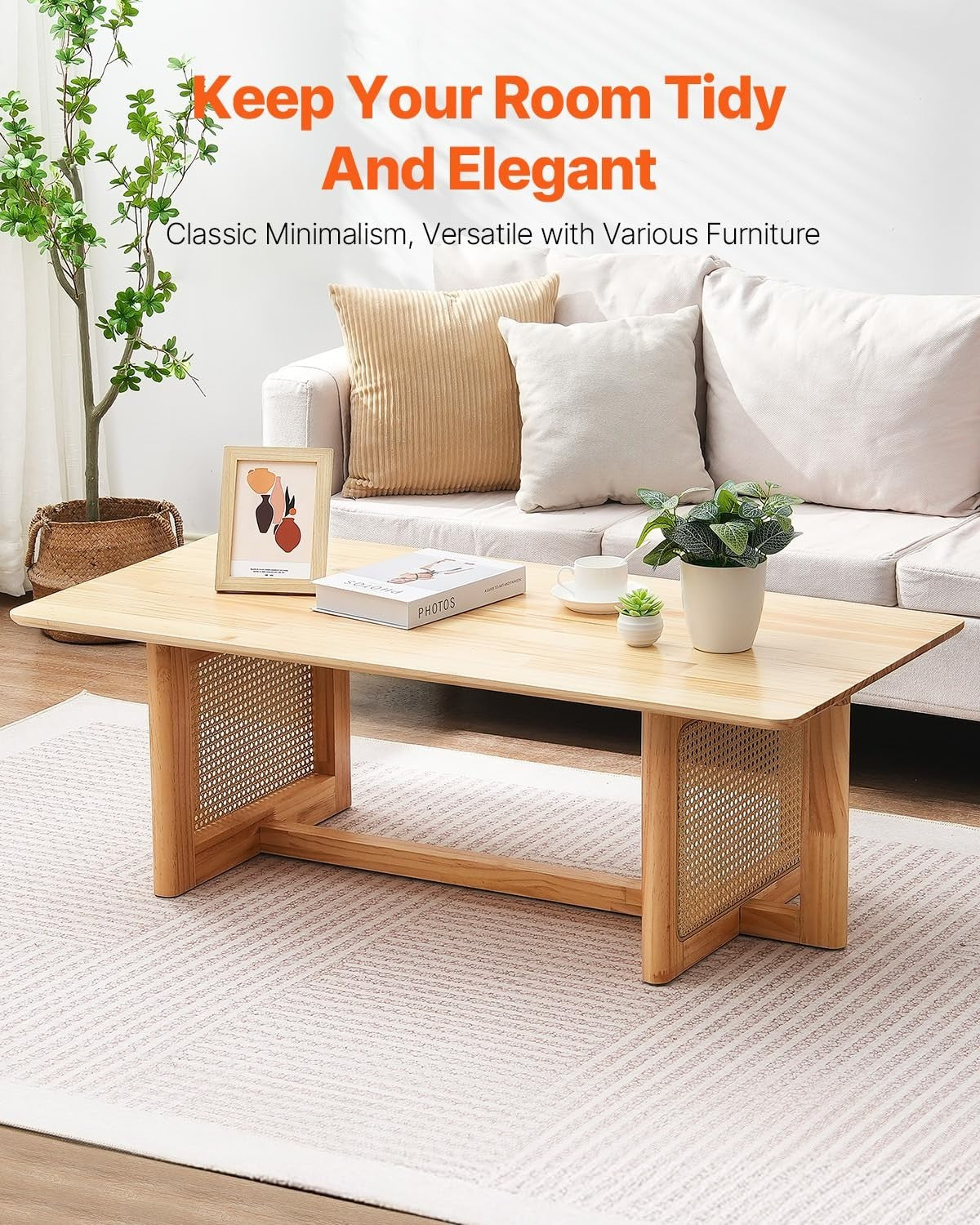 Boho Rattan Coffee Table Rectangular Wood Top 120cm Modern Storage Living Room