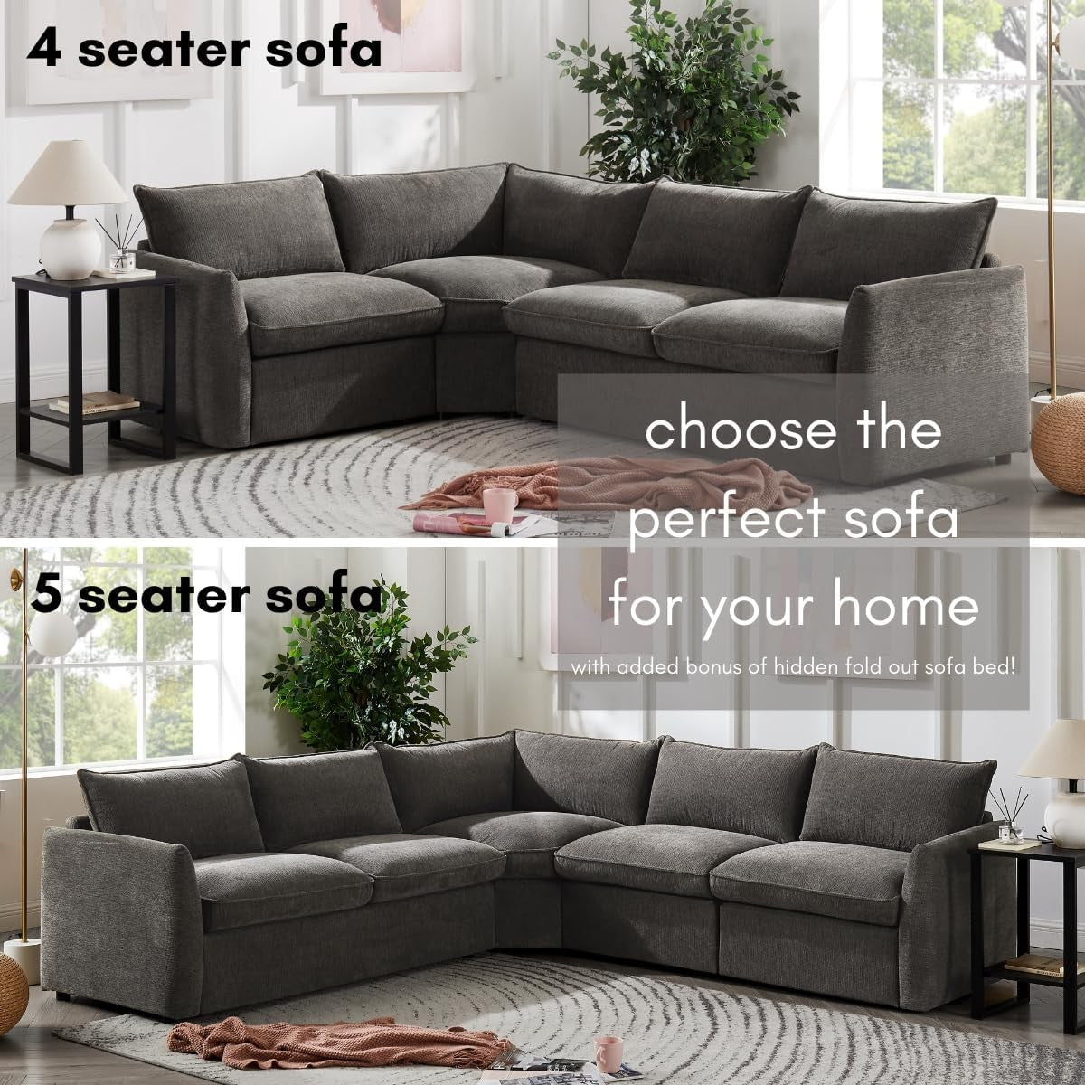 Grey Linen 5 Seater L-Shape Sofa Bed – Pull-Out Sleeper, Metal Frame, Modern