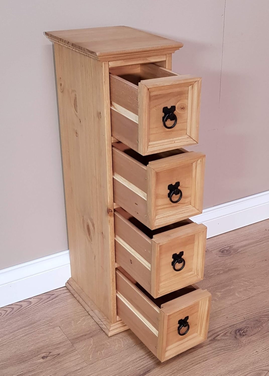 Solid Pine CD Storage Tower 4 Drawer Chest Rustic Wooden Media Unit