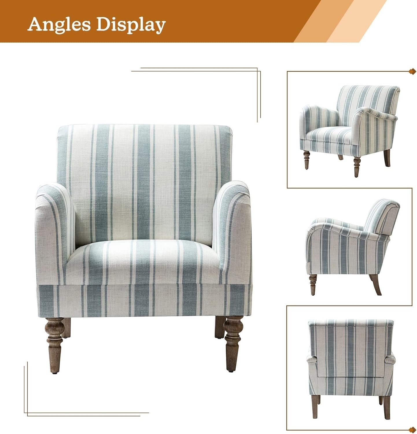 2 Striped Upholstered Armchair with Wooden Legs for Lounge or Bedroom Blue