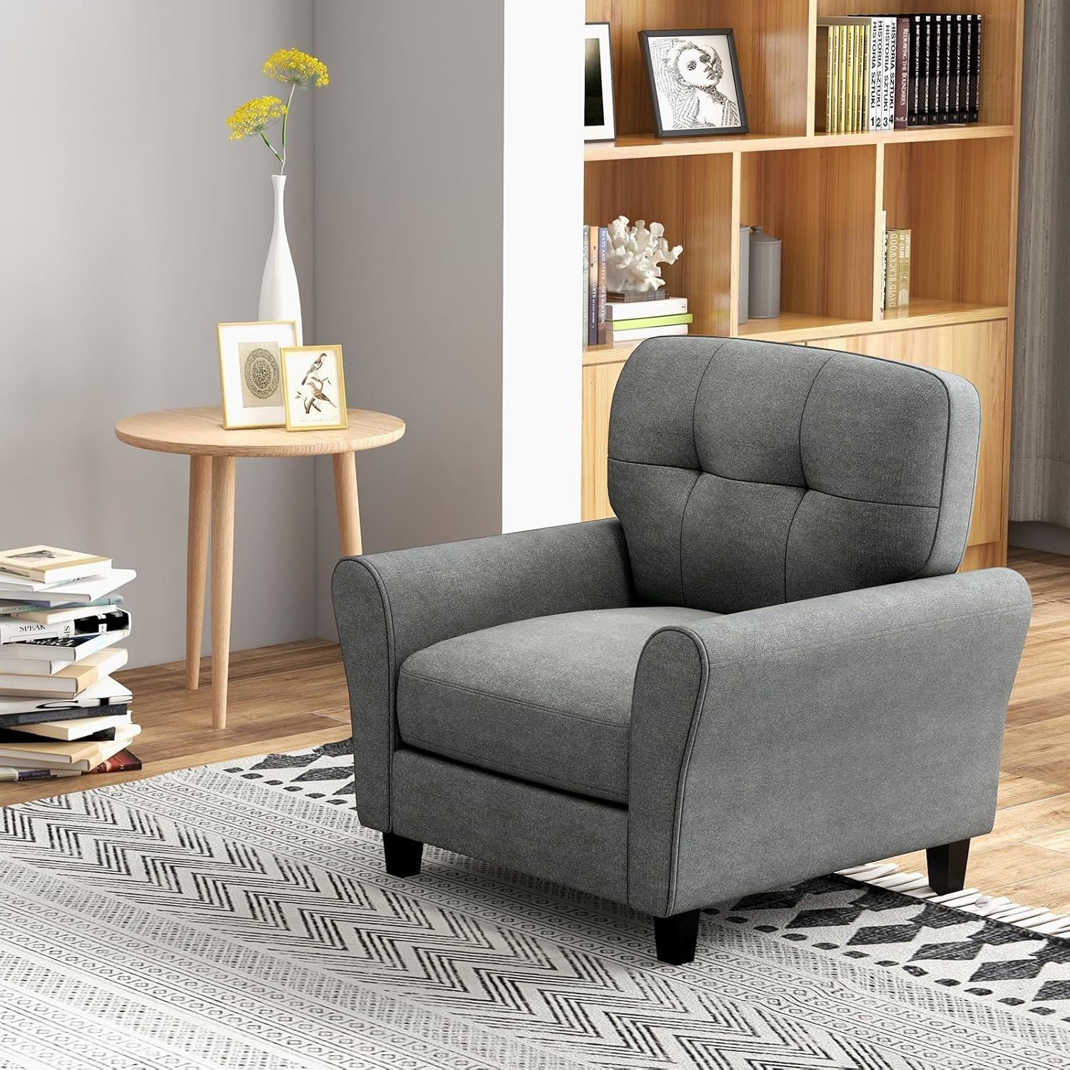Grey Accent Armchair Tufted Fabric Lounge Chair Thick Cushion