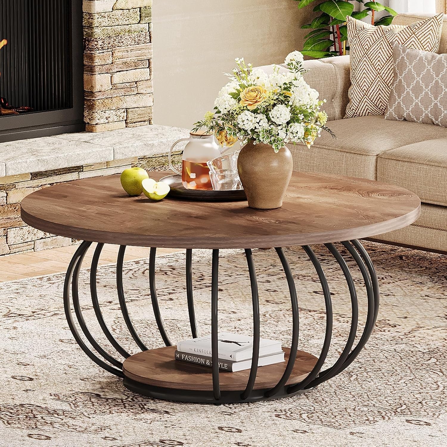 Round 2-Tier Coffee Table with Storage, Metal Frame & Wooden Grain Top