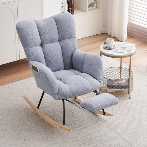 Ergonomic Nursing Rocking Chair with Footstool, Soft Teddy Fabric, Gray