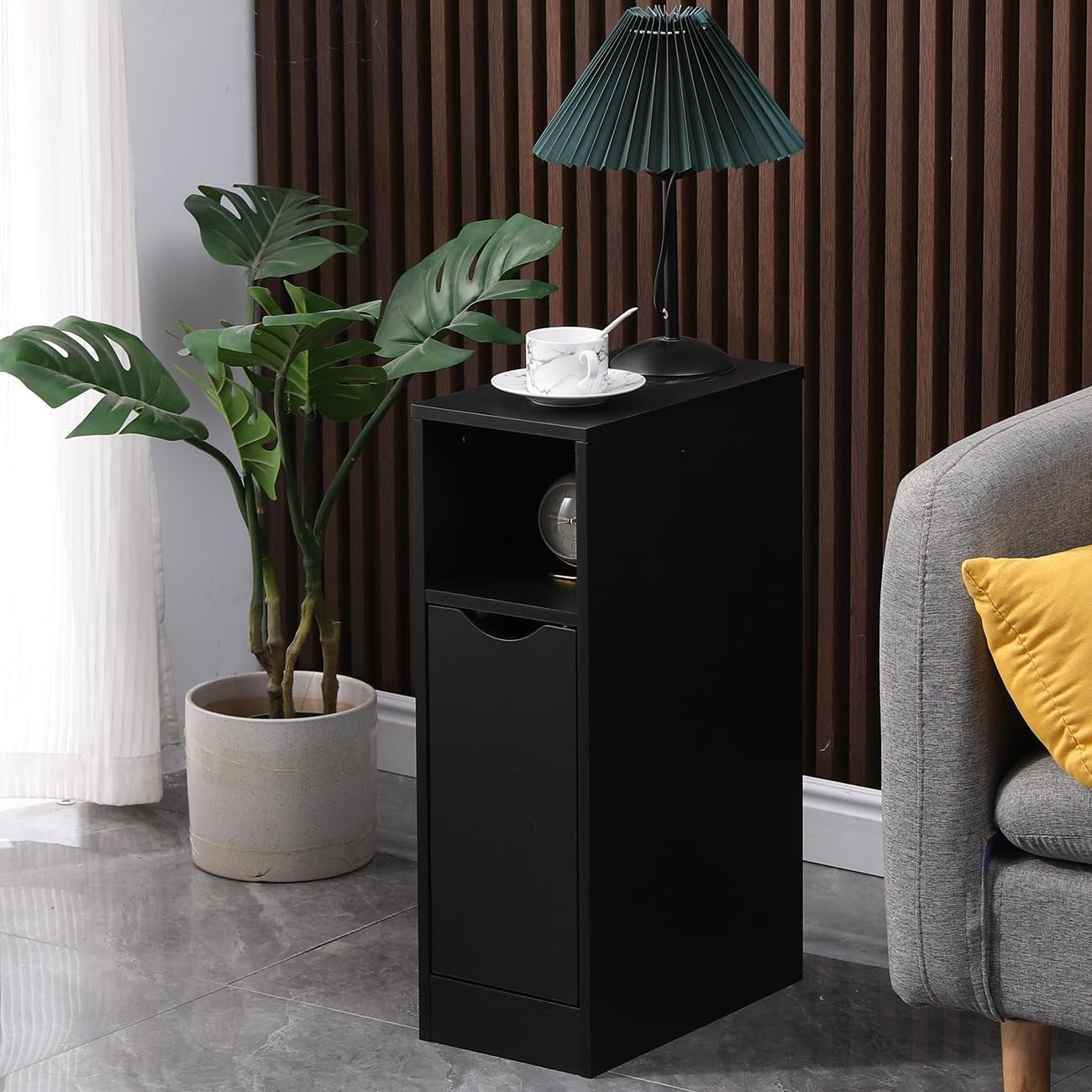 Slim Black Bedside Table with Drawer & Shelf, Modern Narrow Nightstand Storage