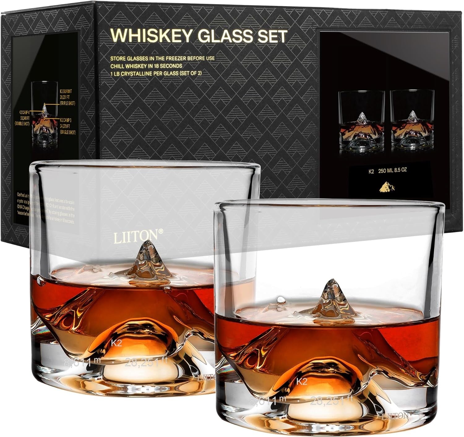 K2 Mountain Whiskey Glasses Set of 2 – 250ml Freeze-Chill Crystal Tumblers Gift
