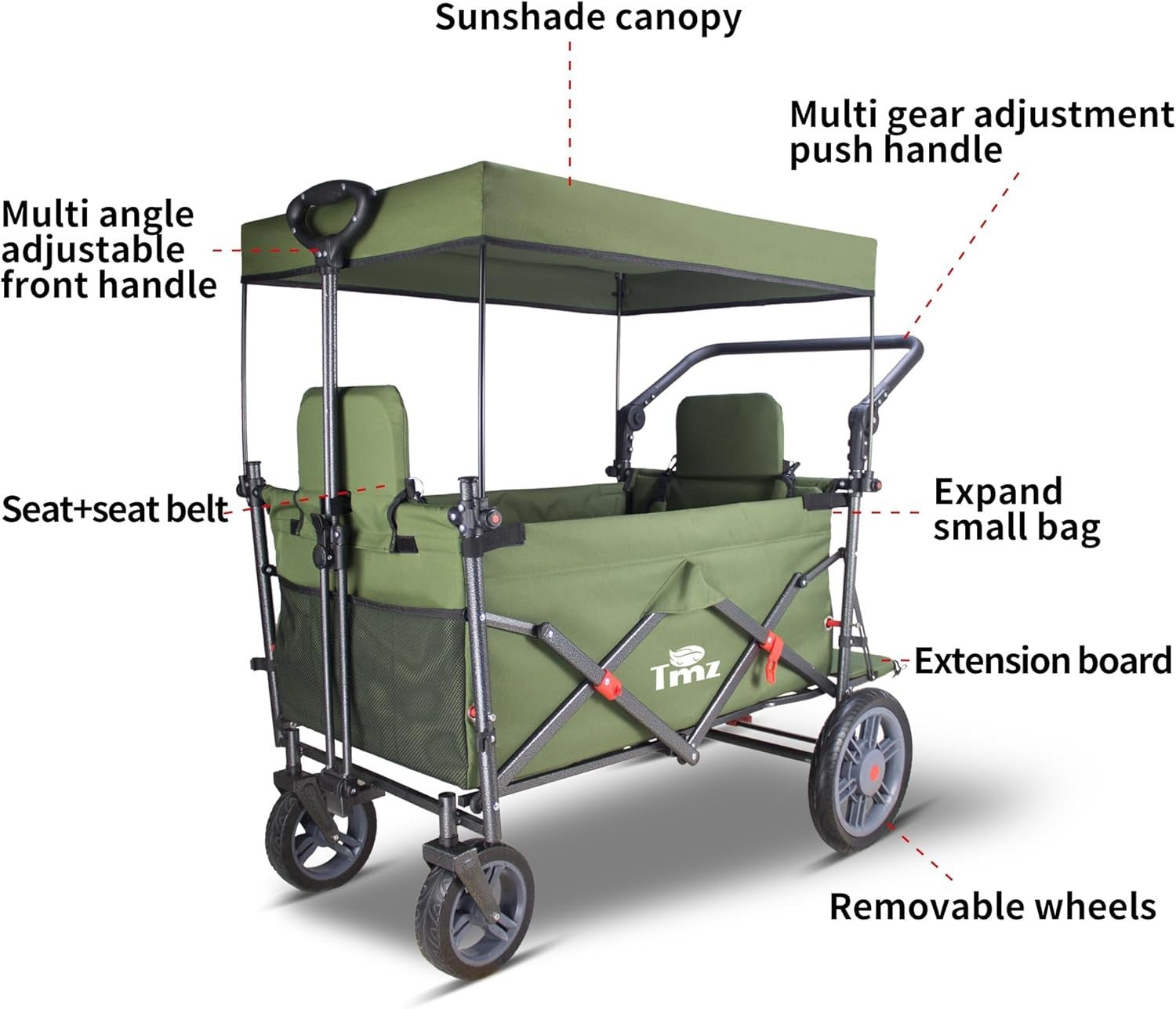 Folding Wagon w/ 2 Seats Canopy 120kg Load Garden Cart Brake Large Storage Green
