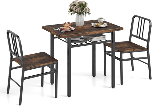Rectangular 3-Piece Kitchen Dining Set with Storage Rack & Metal Frame Chairs