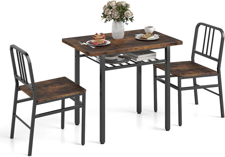 Rectangular 3-Piece Kitchen Dining Set with Storage Rack & Metal Frame Chairs