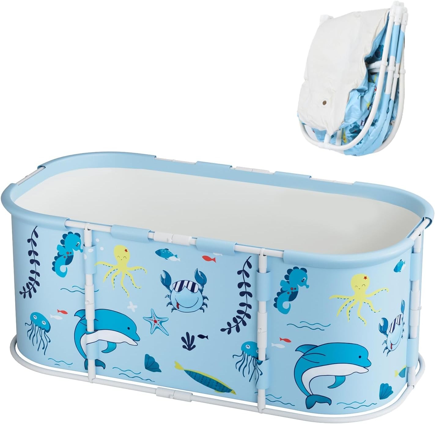 Portable Foldable Adult Bathtub 45" Blue | Family SPA Soaking Tub Plastic Frame