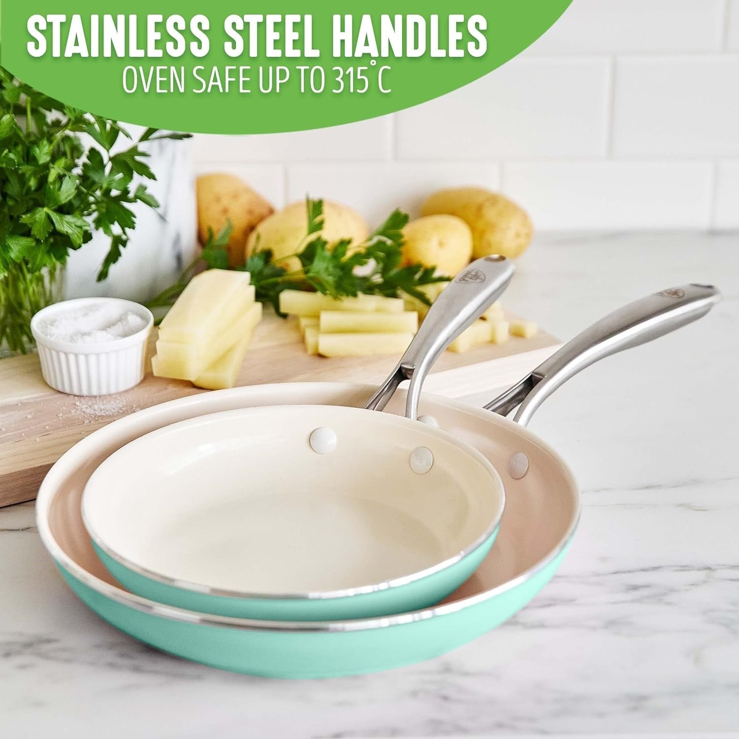 2Pcs Turquoise Ceramic Frying Pan Set Non Stick 20cm 26cm Induction PFAS Free