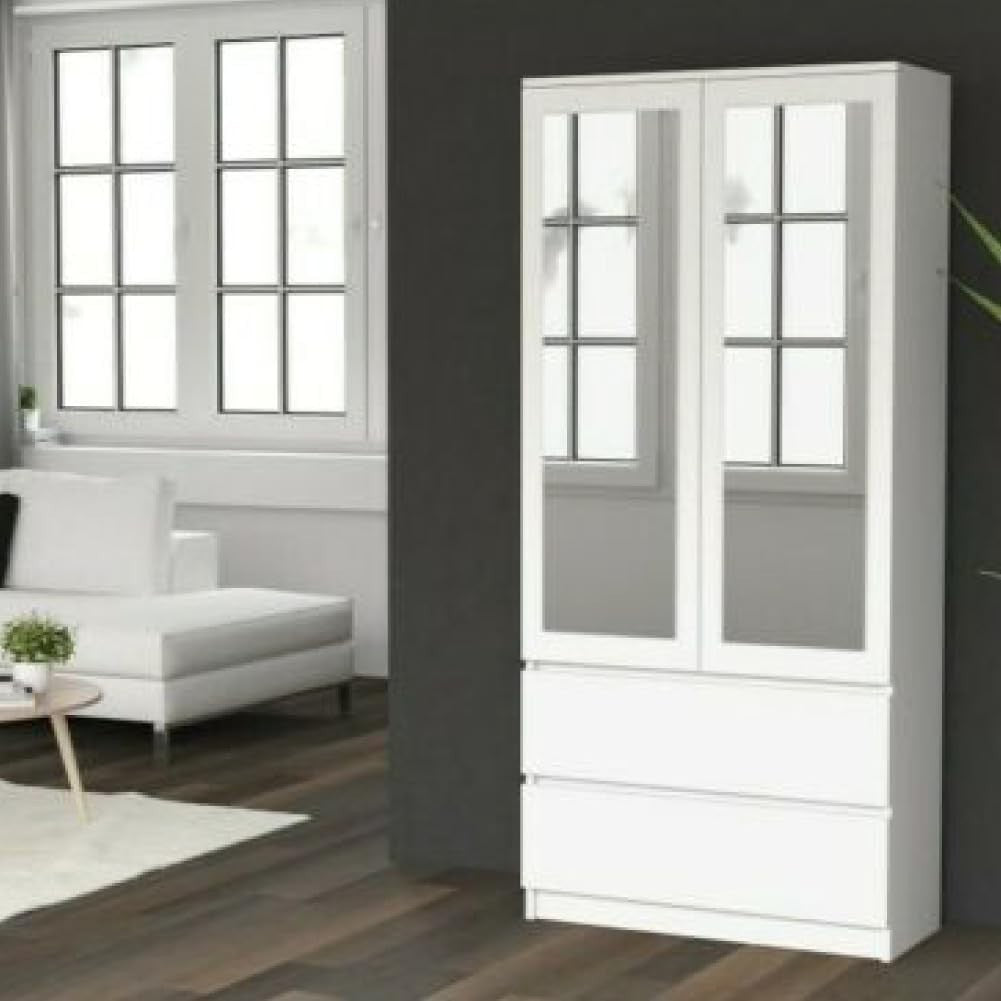 White Modern Double Wardrobe with Mirror & Drawers - Bedroom Storage