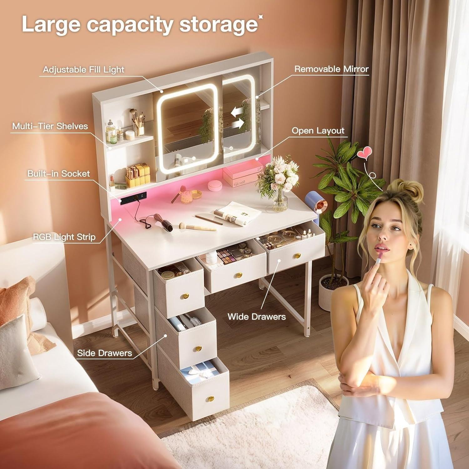 White LED Dressing Table Vanity Desk 5 Drawers RGB Power Outlet Makeup Storage