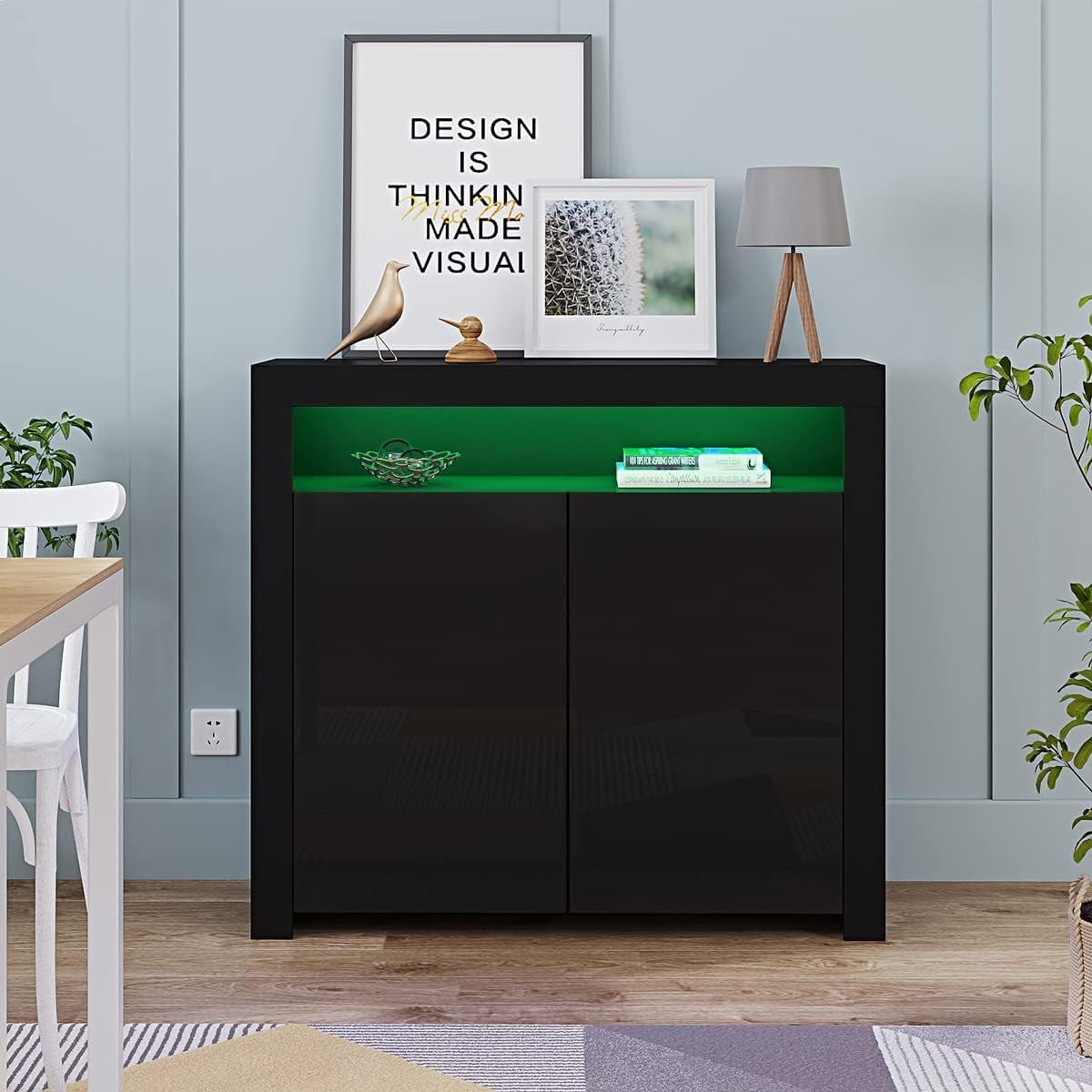 High Gloss Black Storage Sideboard with LED Lights | Modern Living Room Cupboard