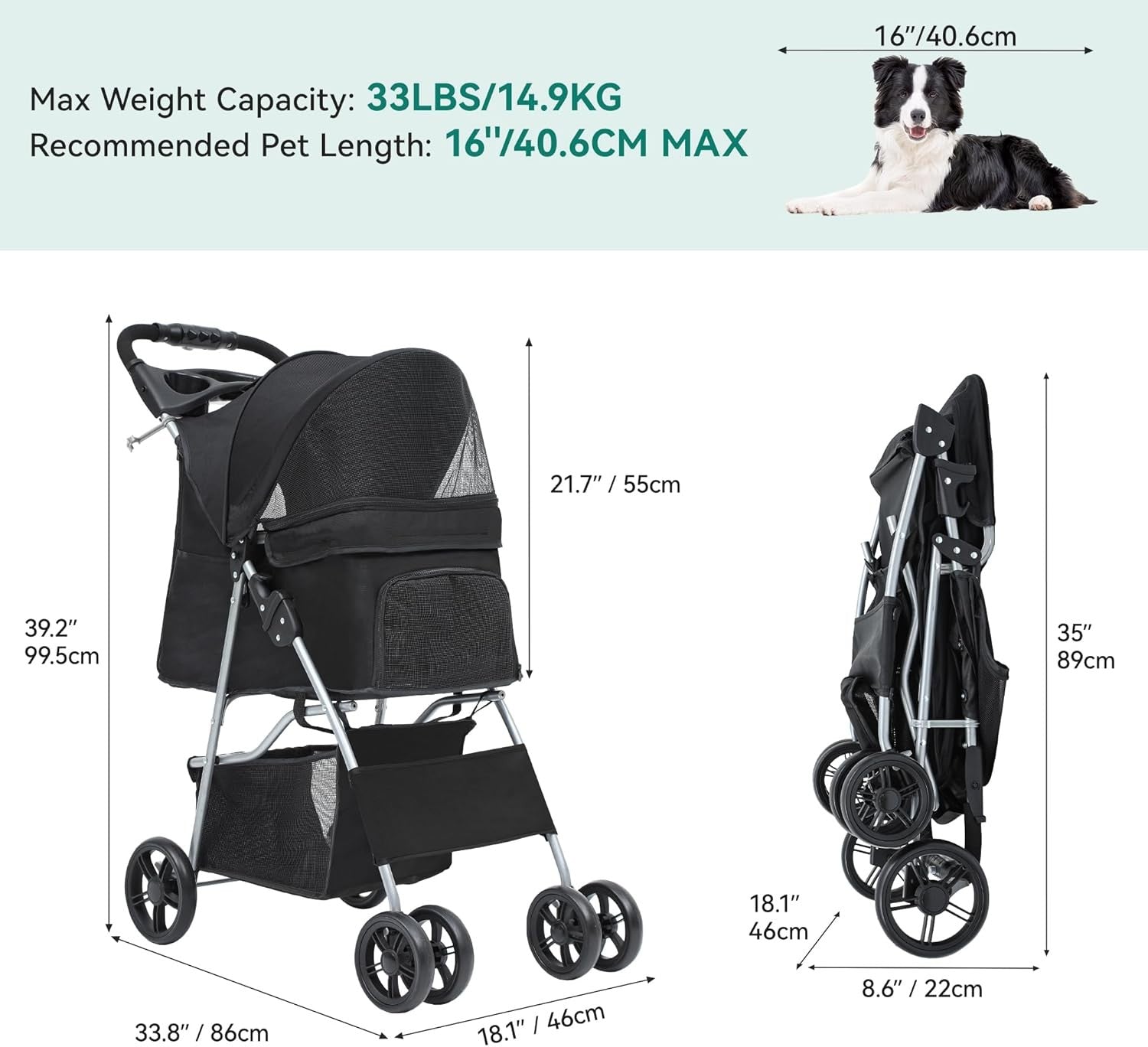 Black 4 Wheel Dog Stroller Folding Pet Pushchair Cup Holder Storage Basket