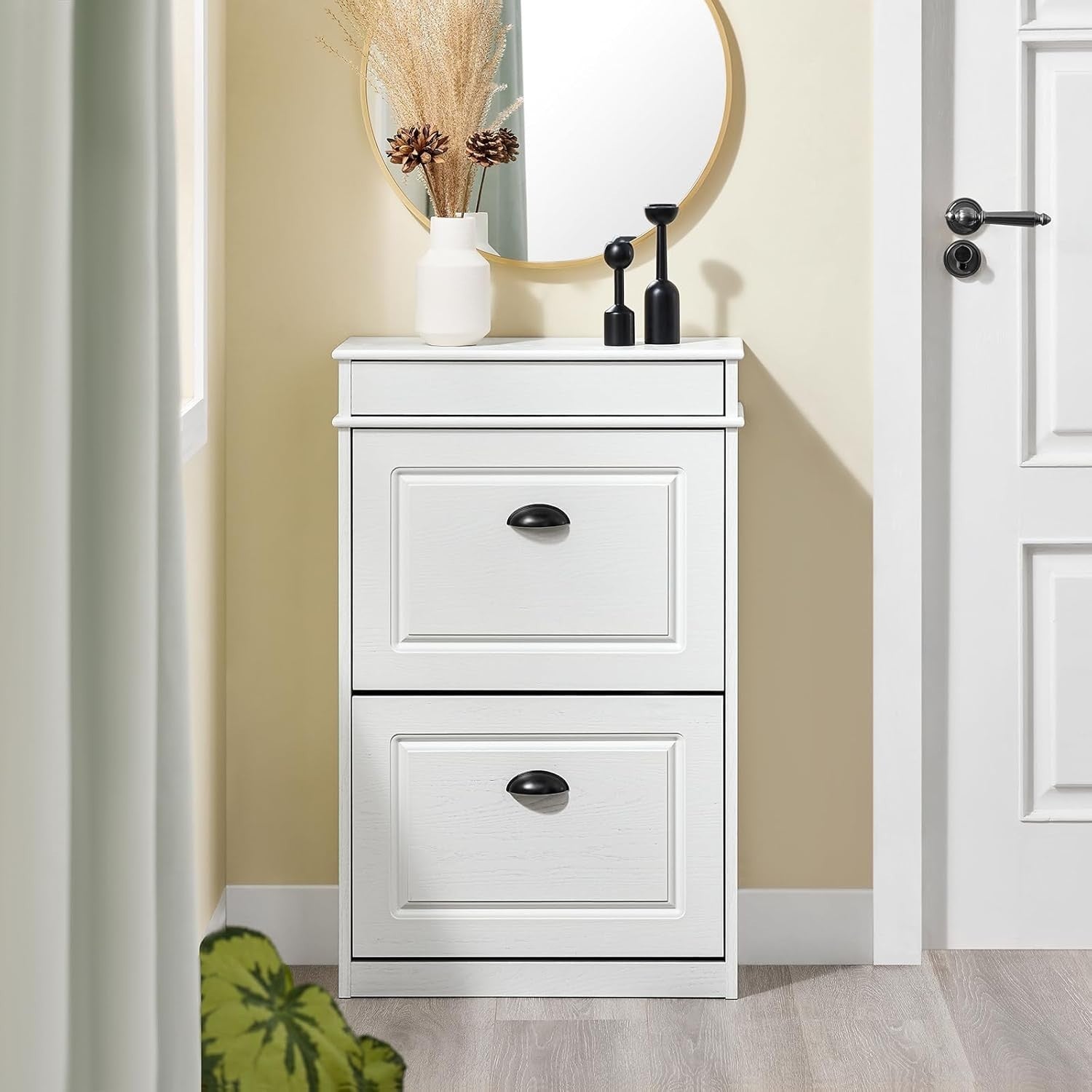 2-Drawer Slim Shoe Cabinet with Flip Drawers, 54x24x82 cm White Vintage Wood