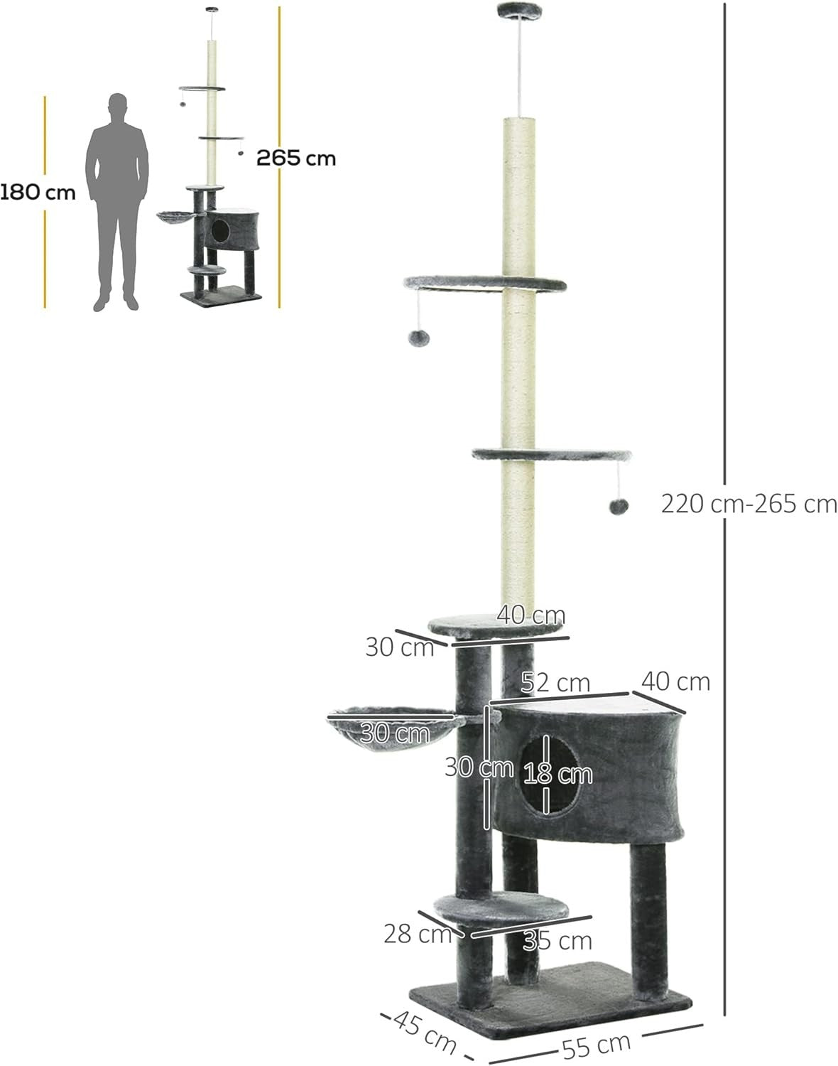 Tall Cat Tree Tower Adjustable 220–265cm 5 Tier Sisal Scratching Post