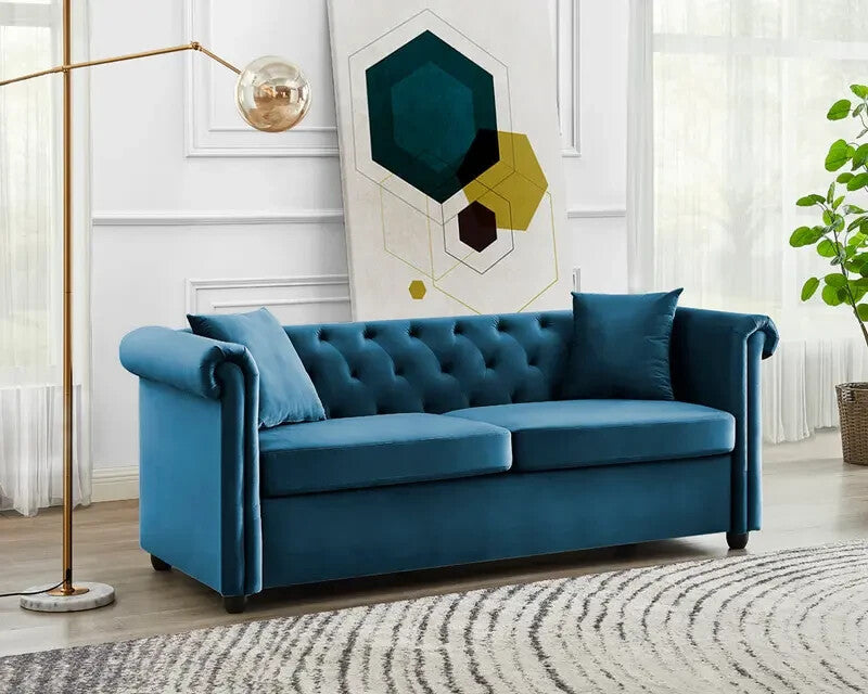 3 Seater Chesterfield Sofa Blue Velvet Scroll Arms Plush Living Room