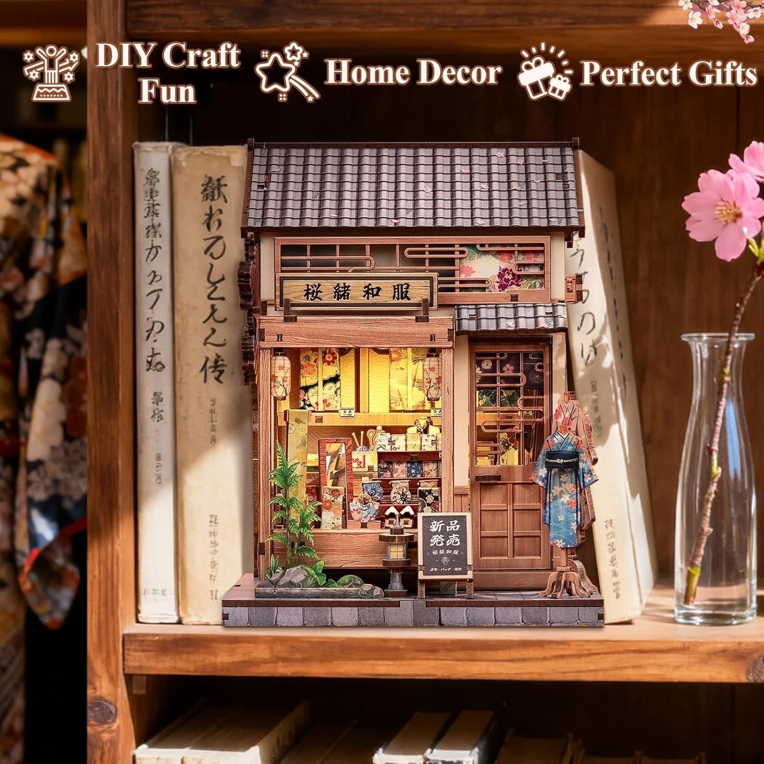 Japanese Sakura Book Nook Kit DIY Miniature House LED Bookshelf Decor