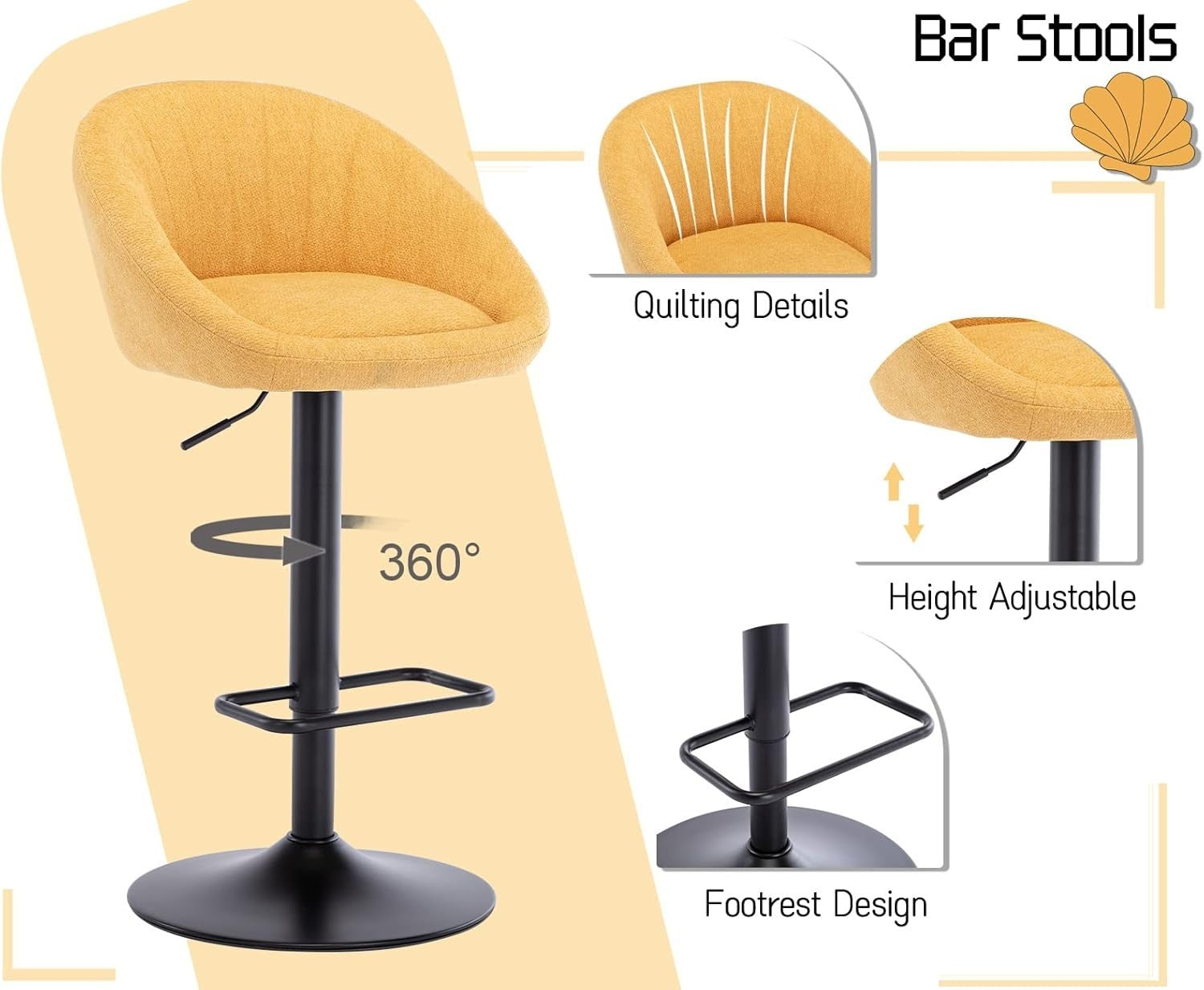 Bar Stools Set of 2 | Yellow L-Shaped Adjustable Counter Chairs