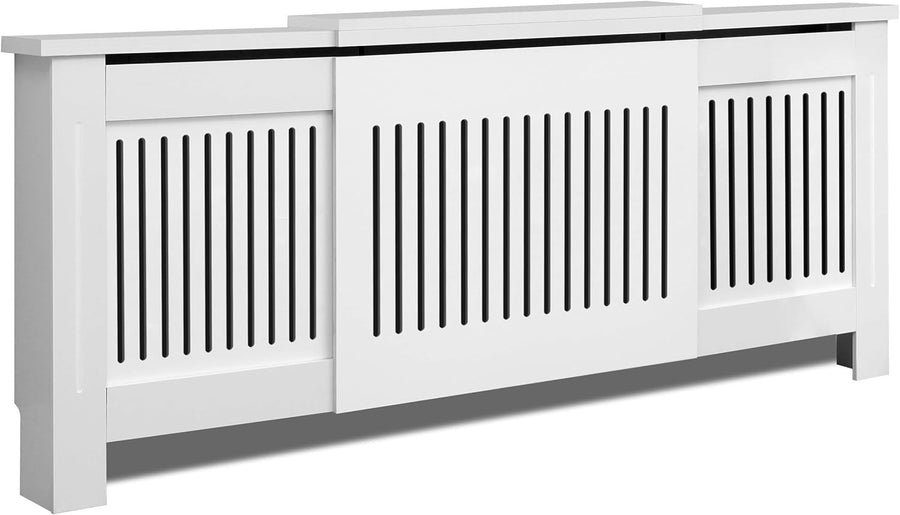 Adjustable White Radiator Cover Cabinet | MDF Wood Slatted Heating Shelf