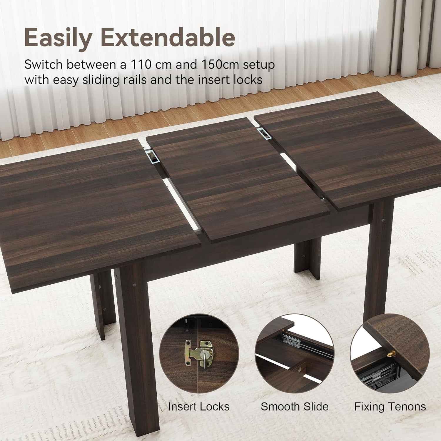 Extendable Dining Table 6-8 Seater Brown Wood Kitchen Home Solid Legs