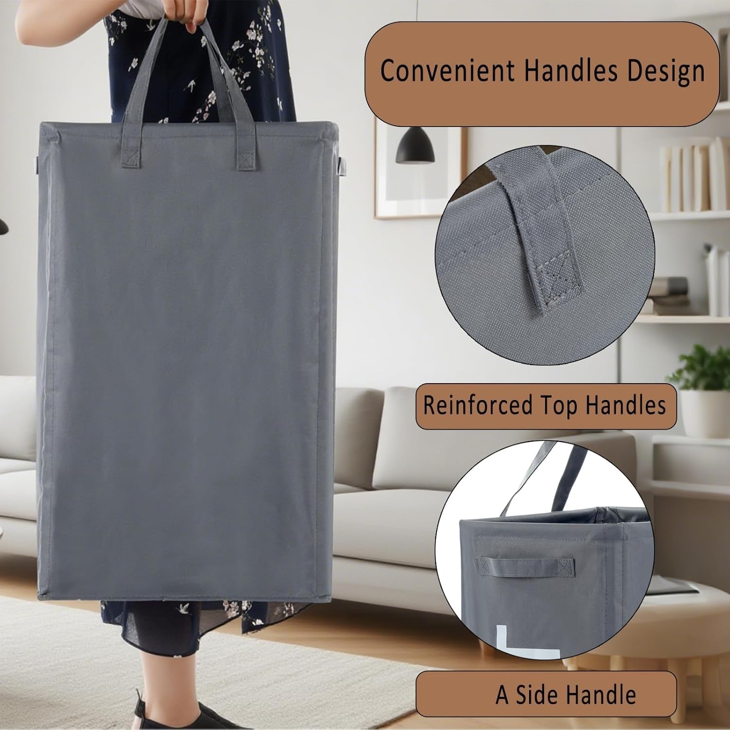 Slim Double Laundry Hamper Grey 63L Tall Basket with Handles & Foldable Design