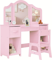 Kids Vanity Table & Chair Set w/ Mirror & Storage – Pink Makeup Desk for Girls