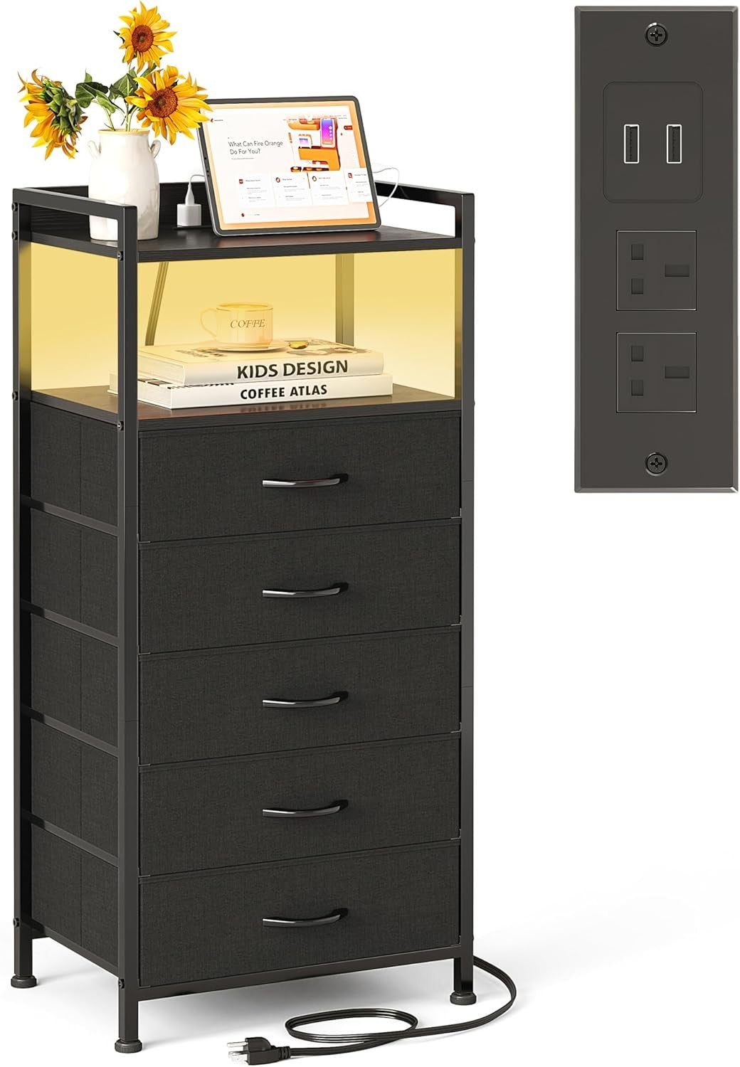 Tall Black LED Bedside Table with Charging Ports 5-Drawer Modern Storage Unit