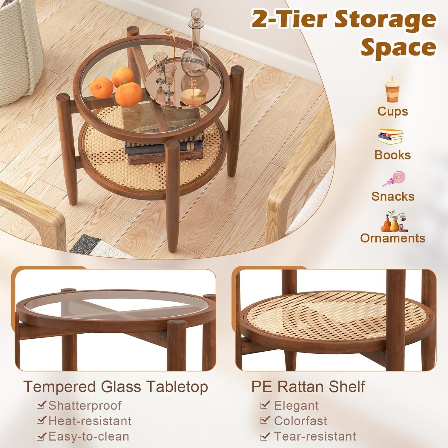 2-Tier Rattan Round Side Tables with Tempered Glass Top & Acacia Wood Legs (2PCS