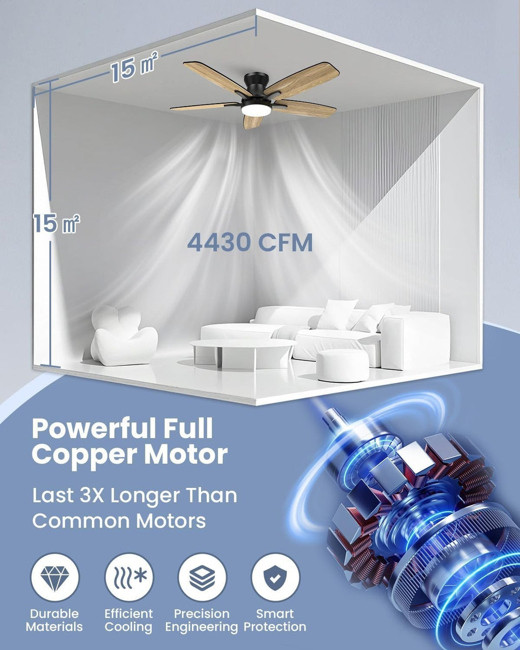106CM Ceiling Fan Light, 6 Speeds, Reversible DC Motor, LED, Remote, Black/Wood