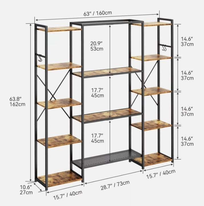 Industrial 5 Tier Metal Bookcase Storage Rack Shelf Unit for Living Room