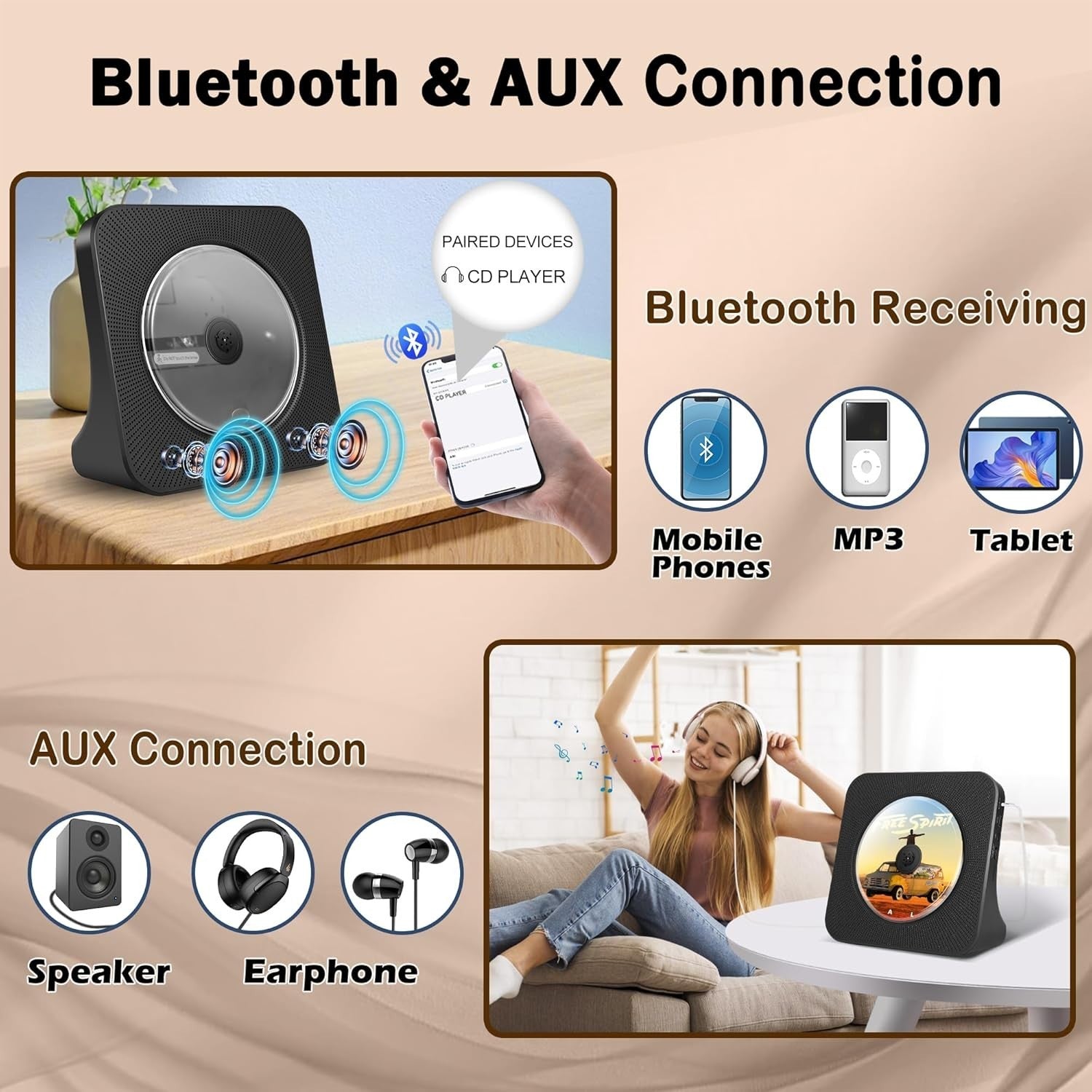 Portable Bluetooth CD Player FM Radio USB AUX Rechargeable 4000mAh