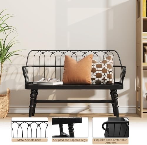 Black Farmhouse Entryway Bench with Back & Metal Spindle Indoor Seating