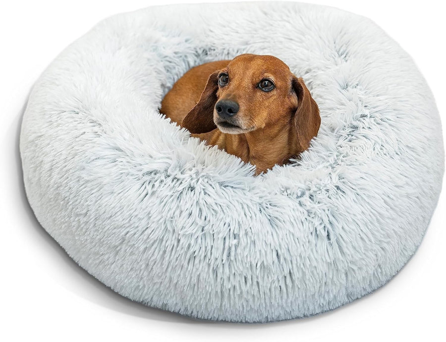 Calming Donut Dog Bed 23x23 Shag Fur Anti Anxiety Small Frost