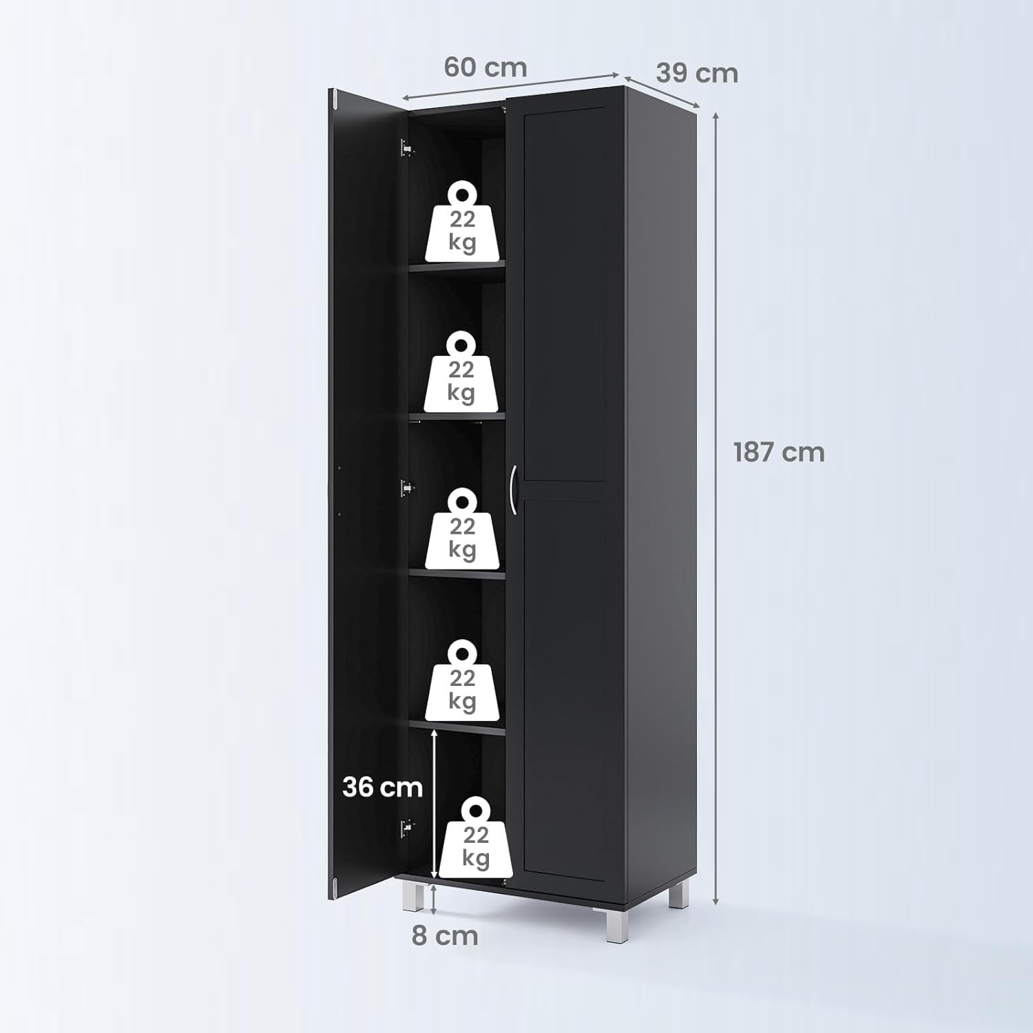 Tall Black Kitchen Cupboard 2 Door Storage Cabinet  Adjustable Shelves