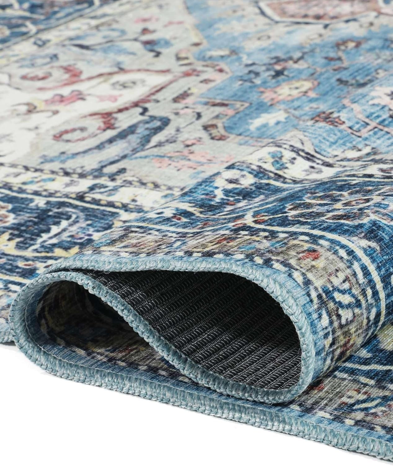 Large Oriental Area Rug 240x340cm Blue Multi Low Pile Machine Washable