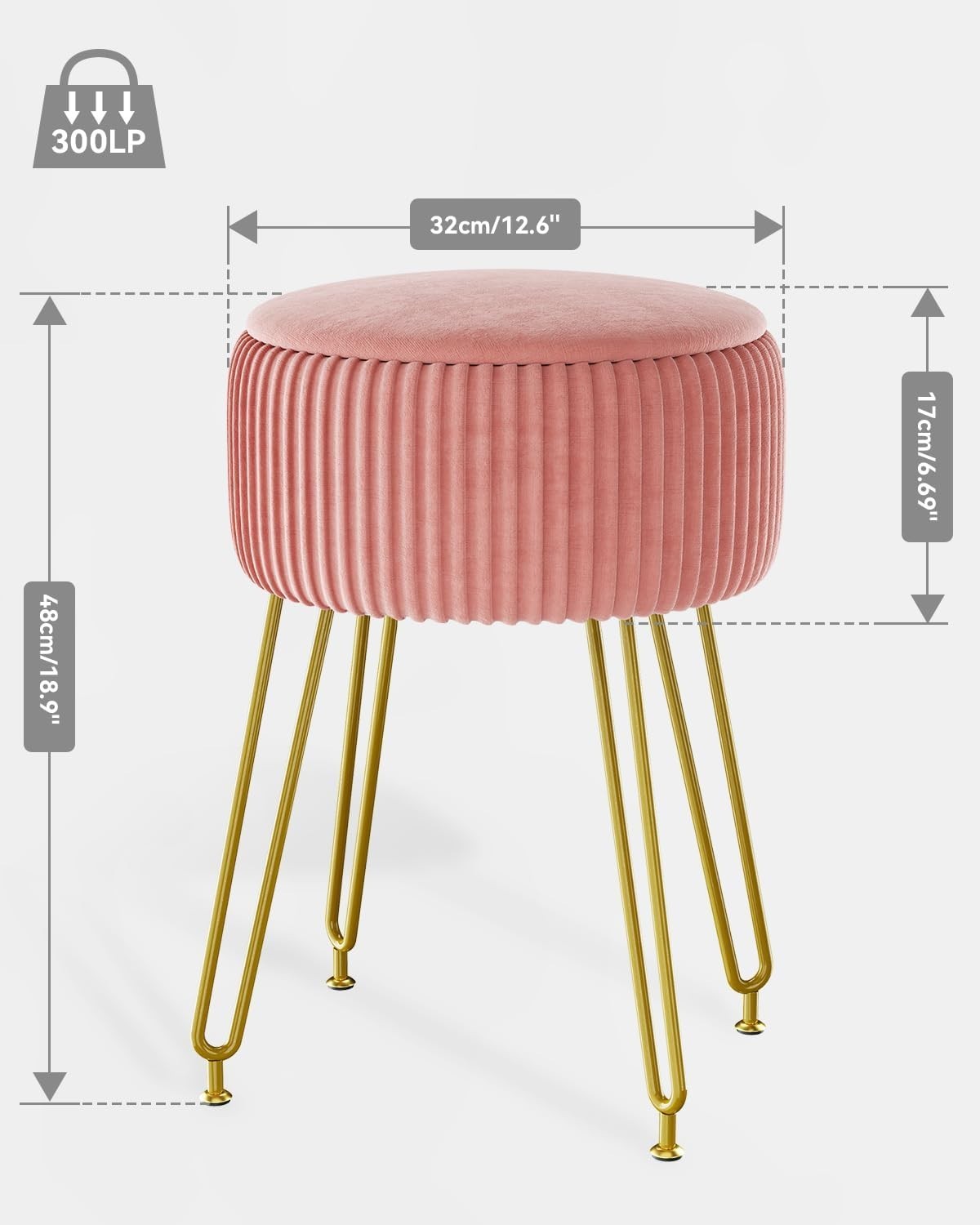 Pink Velvet Storage Footrest Ottoman – Golden Leg Vanity Stool Side Table