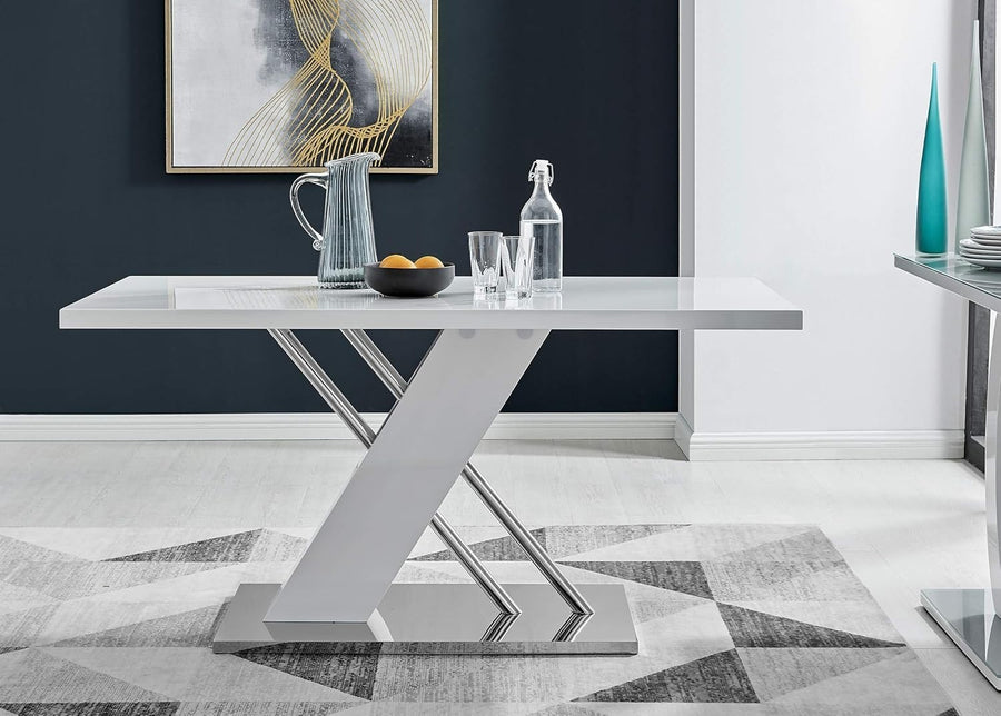 White Gloss Dining Table 150cm – Modern Steel Base, Sleek & Durable