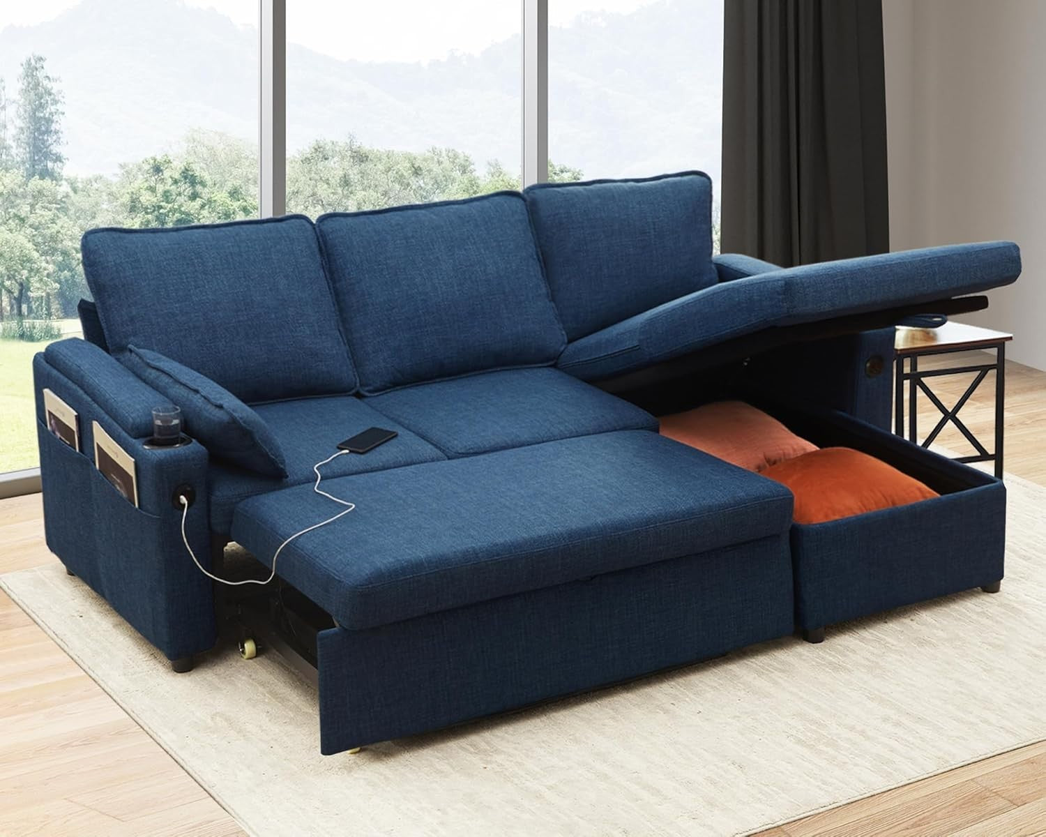 Pull Out Blue L Shape Sectional Sofa Bed with USB -  Cup Holder & Storage