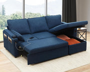 Pull Out Blue L Shape Sectional Sofa Bed with USB -  Cup Holder & Storage