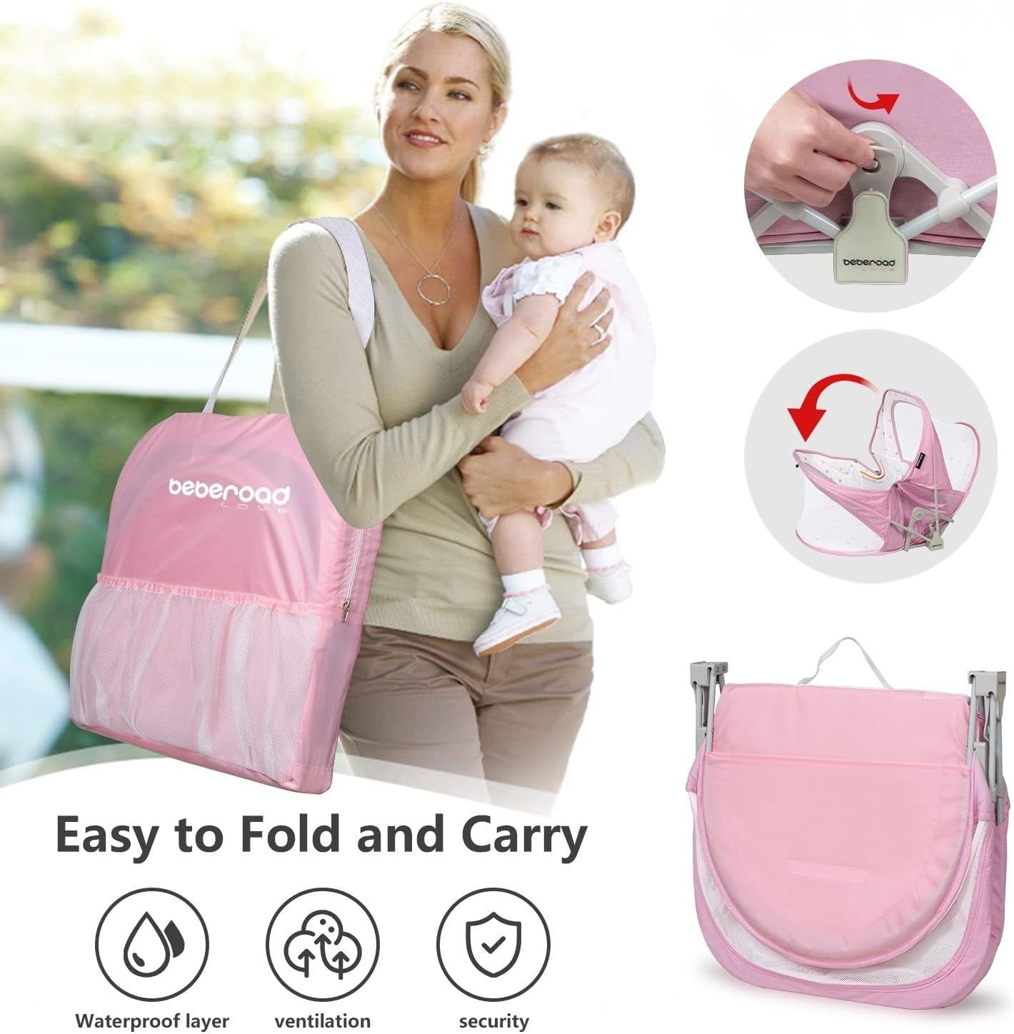 Portable Baby Travel Bassinet Crib with Mattress Foldable Cot & Canopy Pink