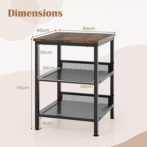 Industrial 3-Tier Side Table with Storage Shelves, Wood & Metal Nightstand