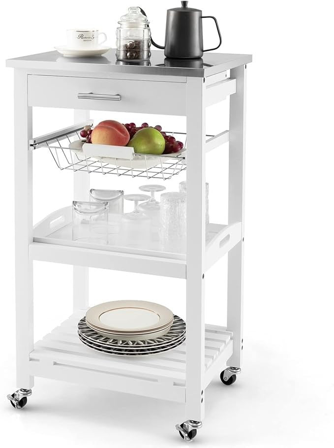 White 4 Tier Rolling Trolley Cart Drawer Basket Tray